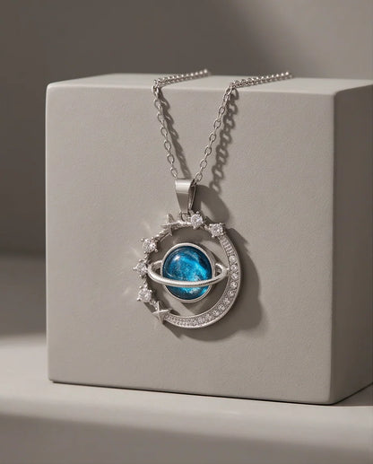 Silver Cosmic Galaxy Planet Crescent Pendant Necklace