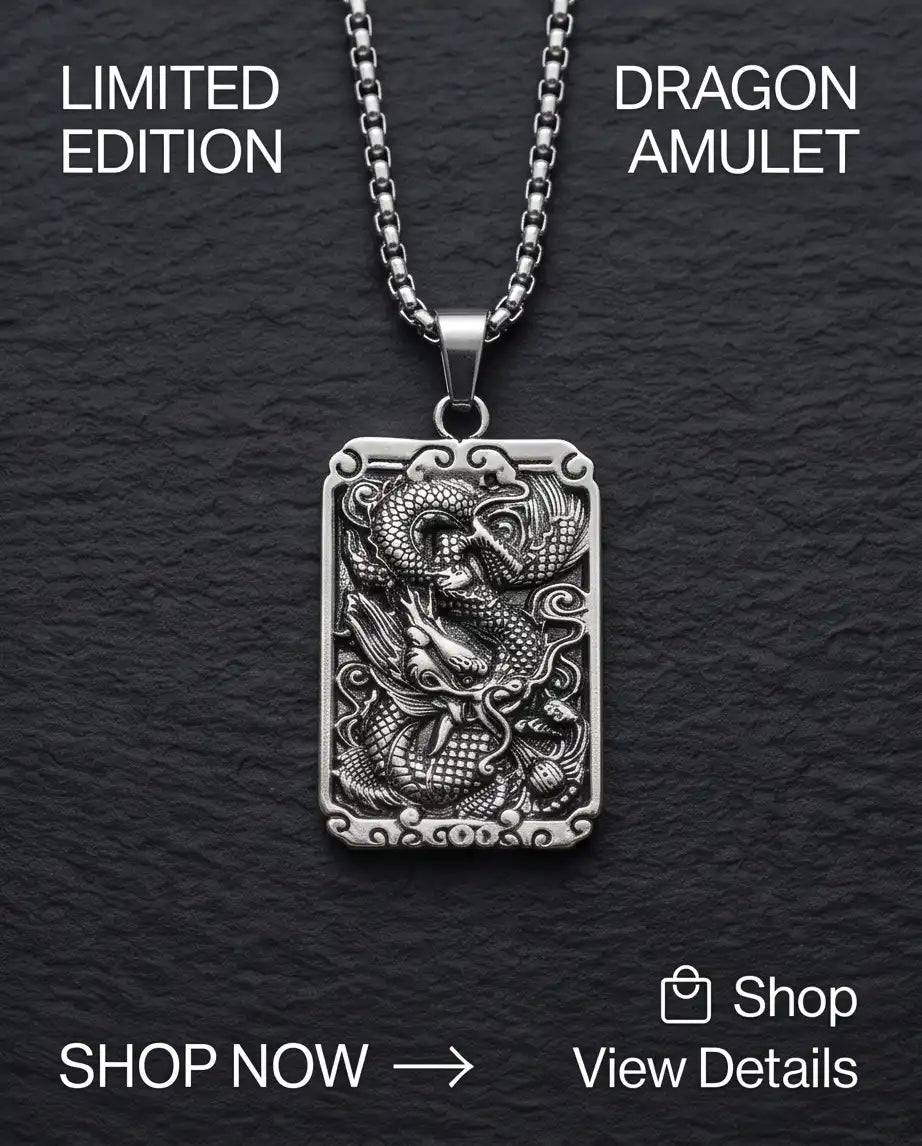 Mythological Dragon Rectangle Dog Tag Pendant Box Chain