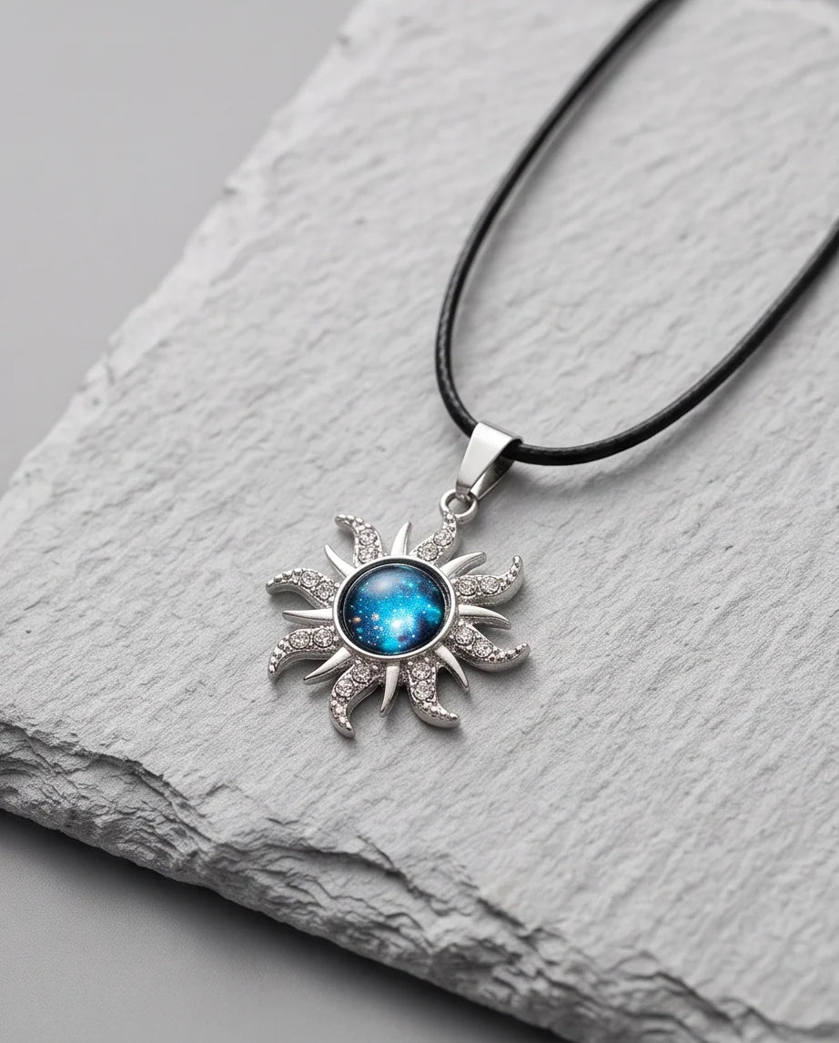 Silver Crystal Celestial Sunburst Galaxy Pendant Necklace