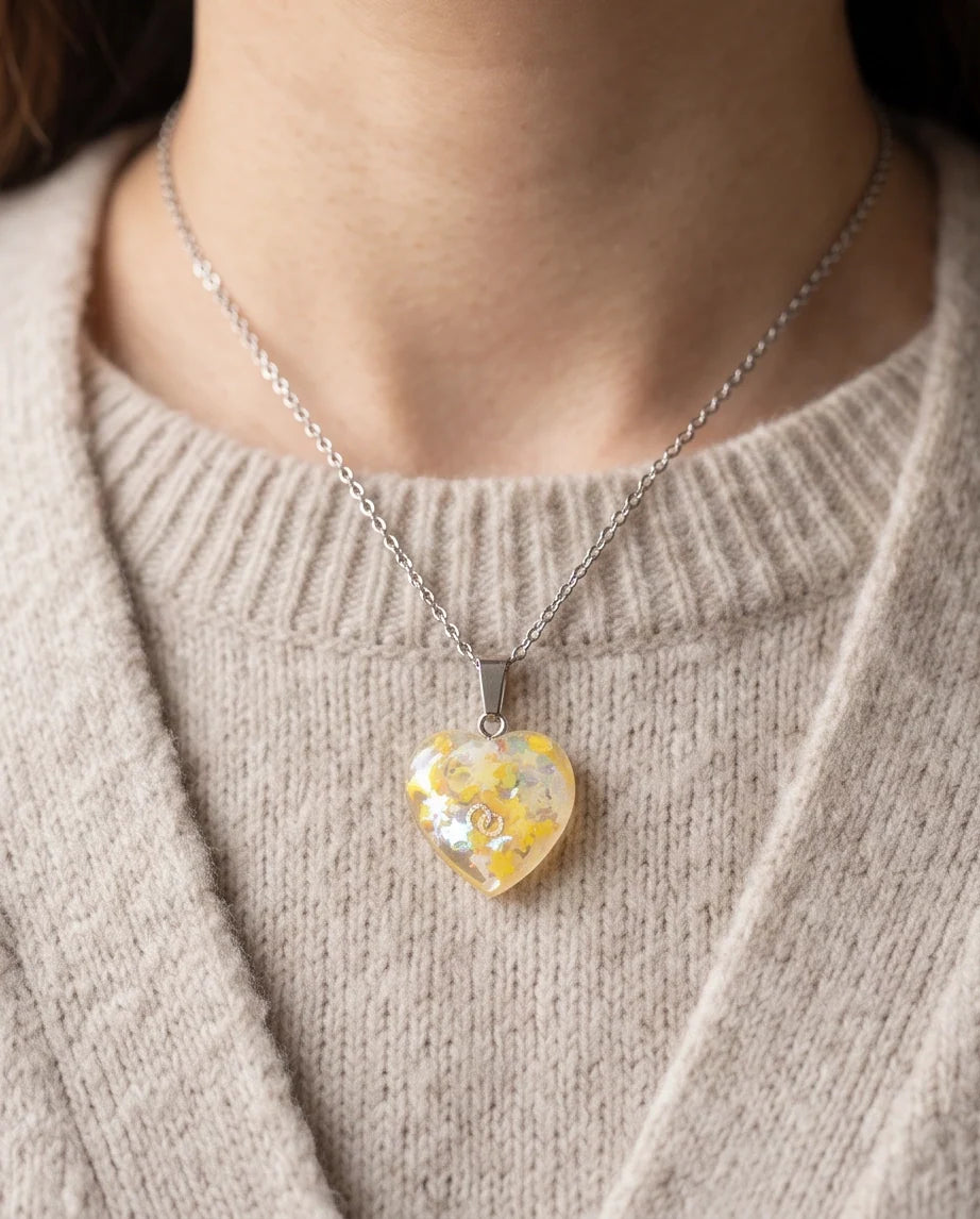 Silver Sunshine Yellow Glitter Heart Resin Pendant Necklace