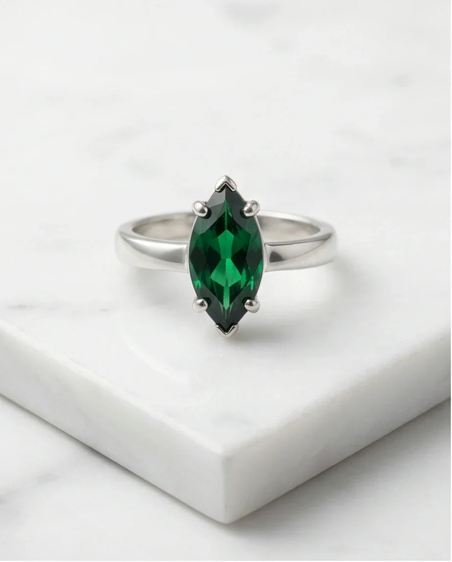 Sterling Silver Marquise-Cut Green Emerald Solitaire Ring