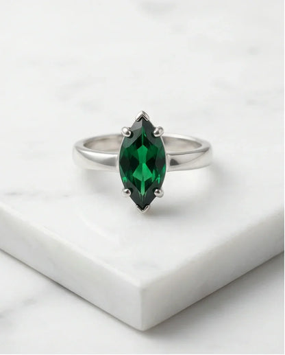 Sterling Silver Marquise-Cut Green Emerald Solitaire Ring