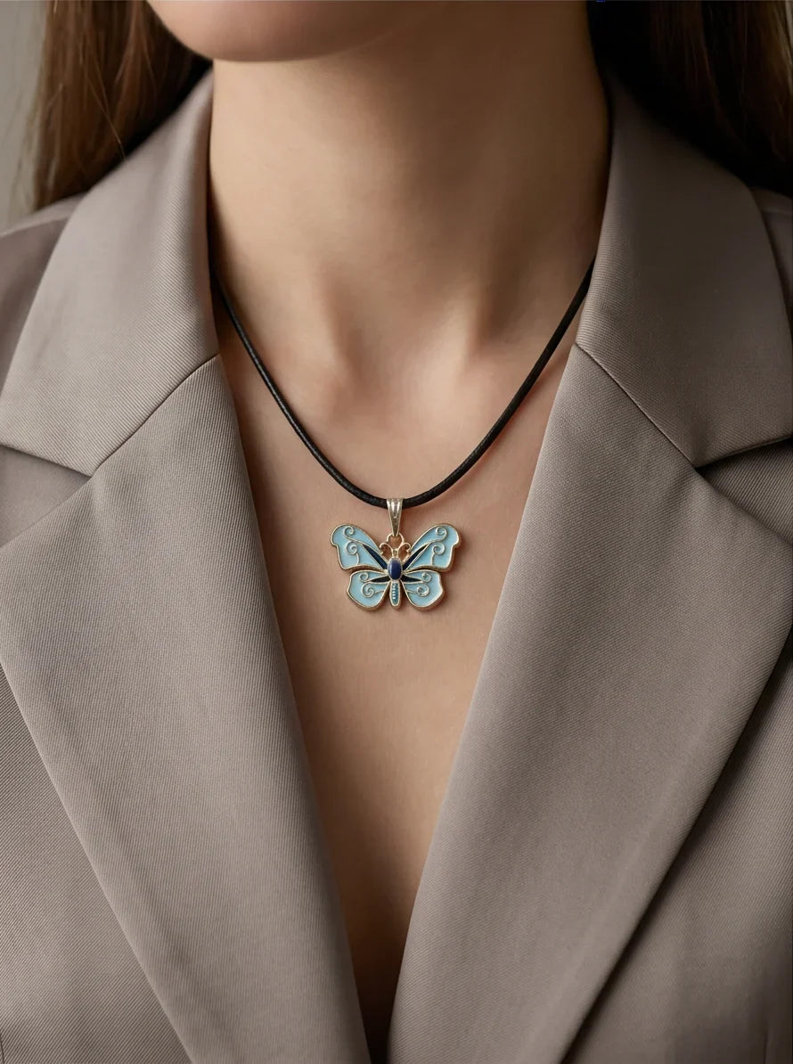 Blue Enamel Butterfly Pendant Necklace