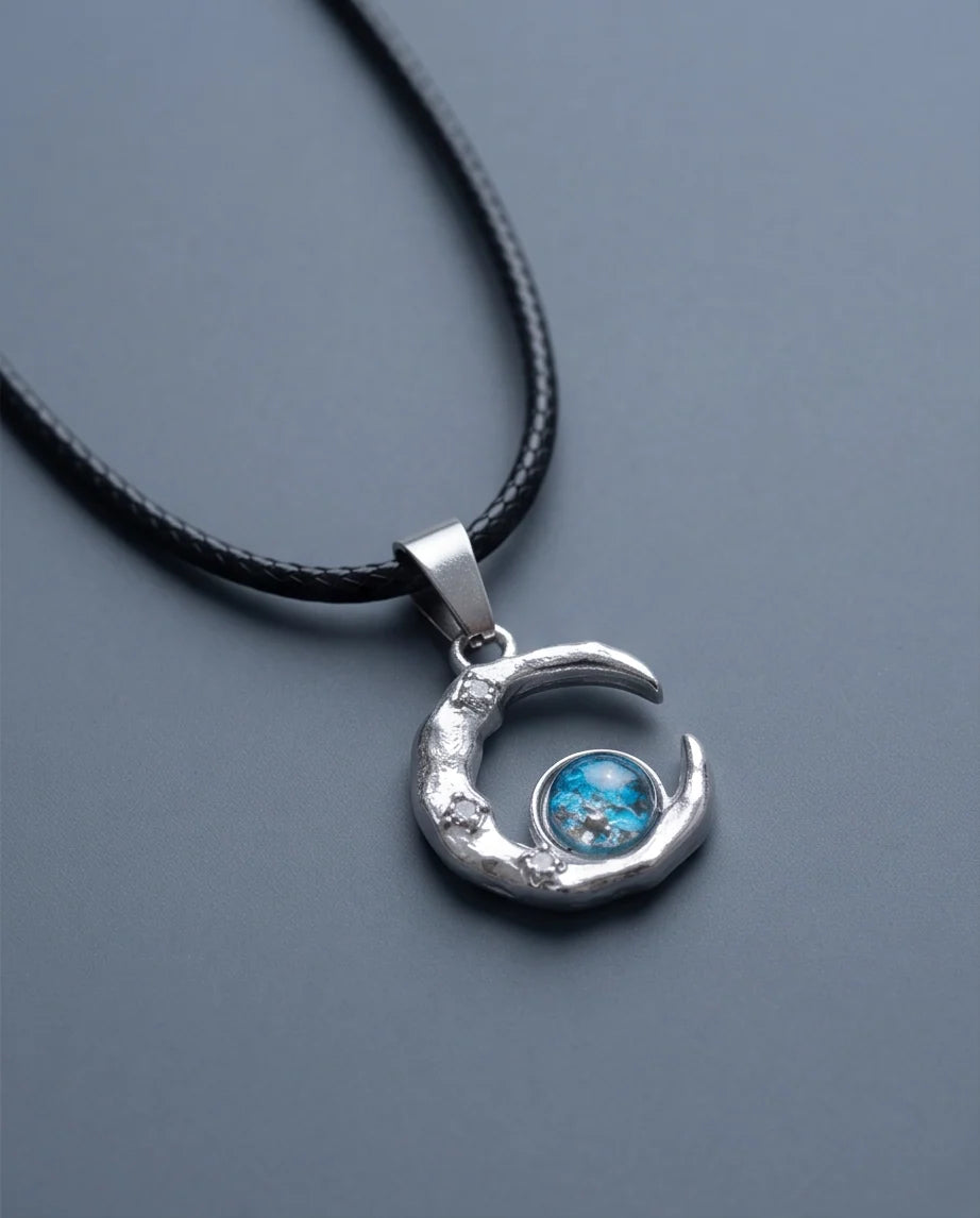 Silver Hammered Crescent Moon Blue Opal Orb Pendant Necklace