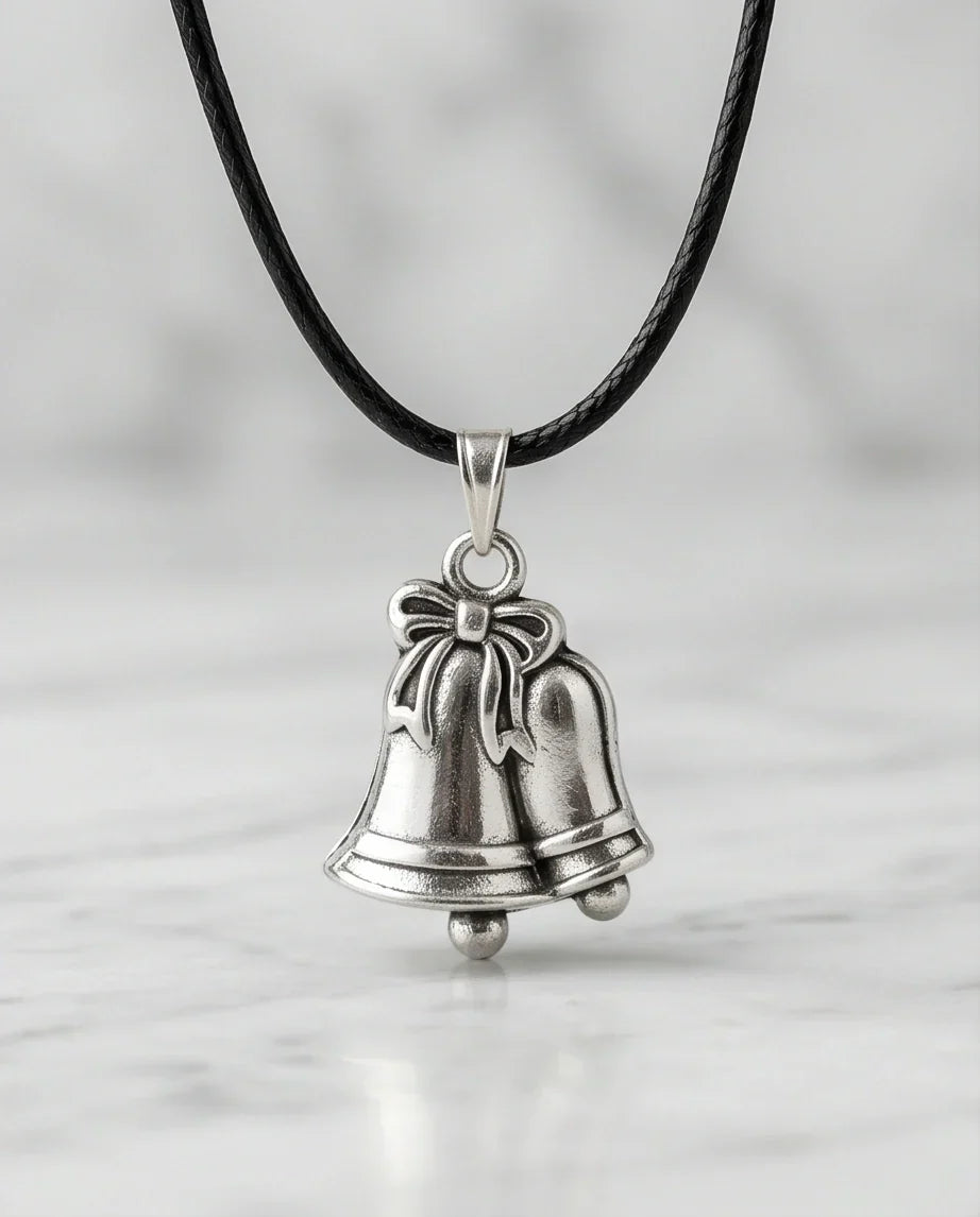 Silver Double Bells Ribbon Pendant Necklace