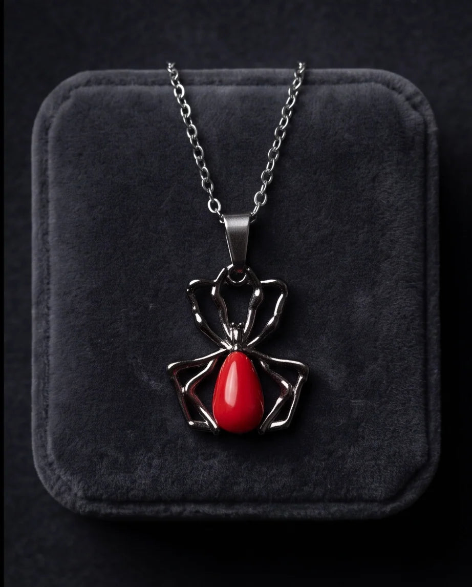 Silver Spider Red Gemstone Pendant Necklace