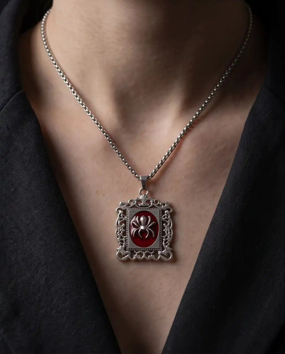 Gothic Red Enamel Spider Filigree Pendant Box Chain