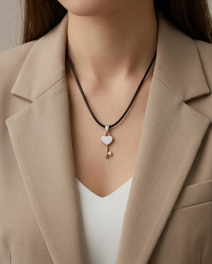 Gold and White Heart Key Pendant Necklace