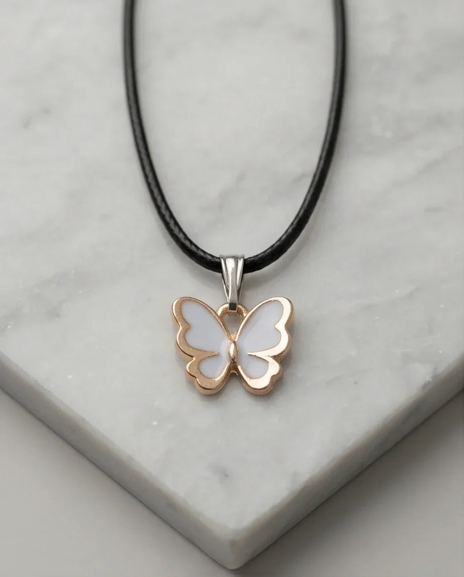 Gold and White Butterfly Pendant Necklace