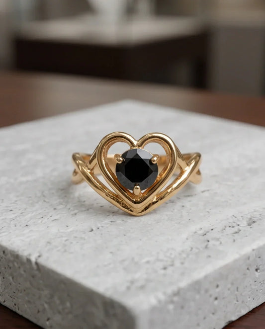 Gold Black Diamond Heart Openwork Ring