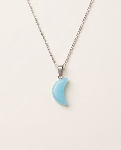 Silver Light Blue Crescent Moon Resin Pendant Necklace