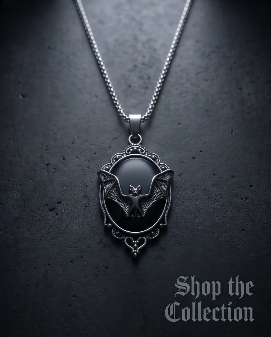 Antique Silver Gothic Bat Black Enamel Medallion Chain Necklace