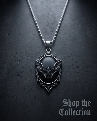 Antique Silver Gothic Bat Black Enamel Medallion Chain Necklace