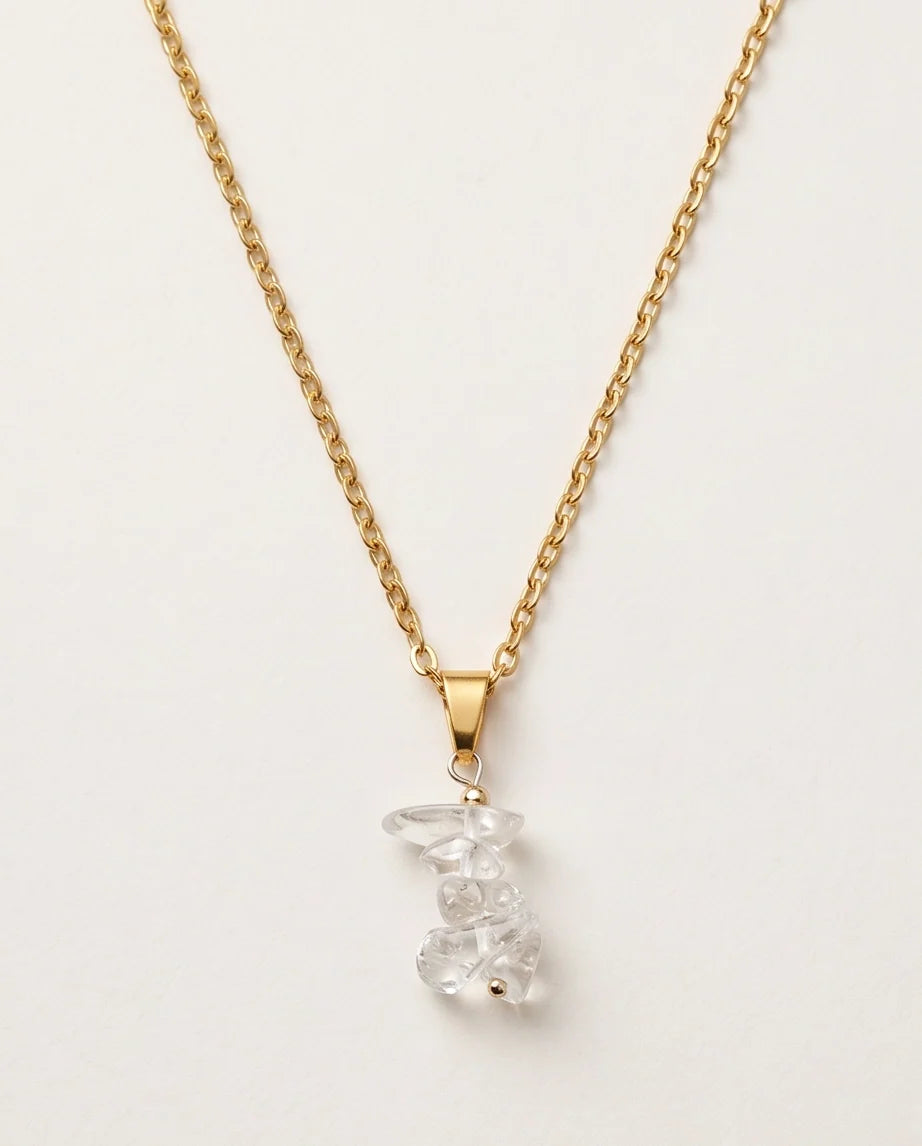 Silver Stacked Raw Clear Quartz Chip Stone Pendant Necklace