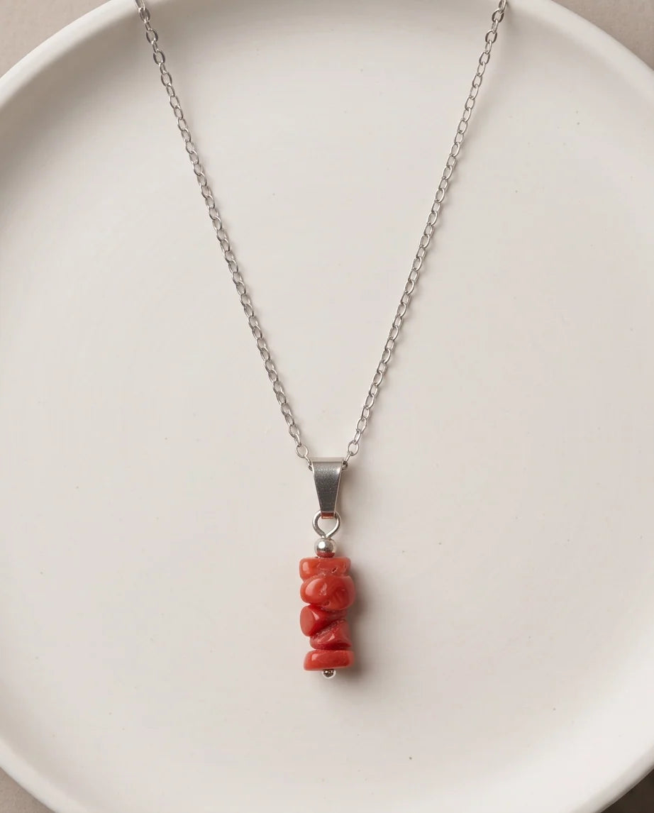 Silver Stacked Raw Red Agate Chip Stone Pendant Necklace