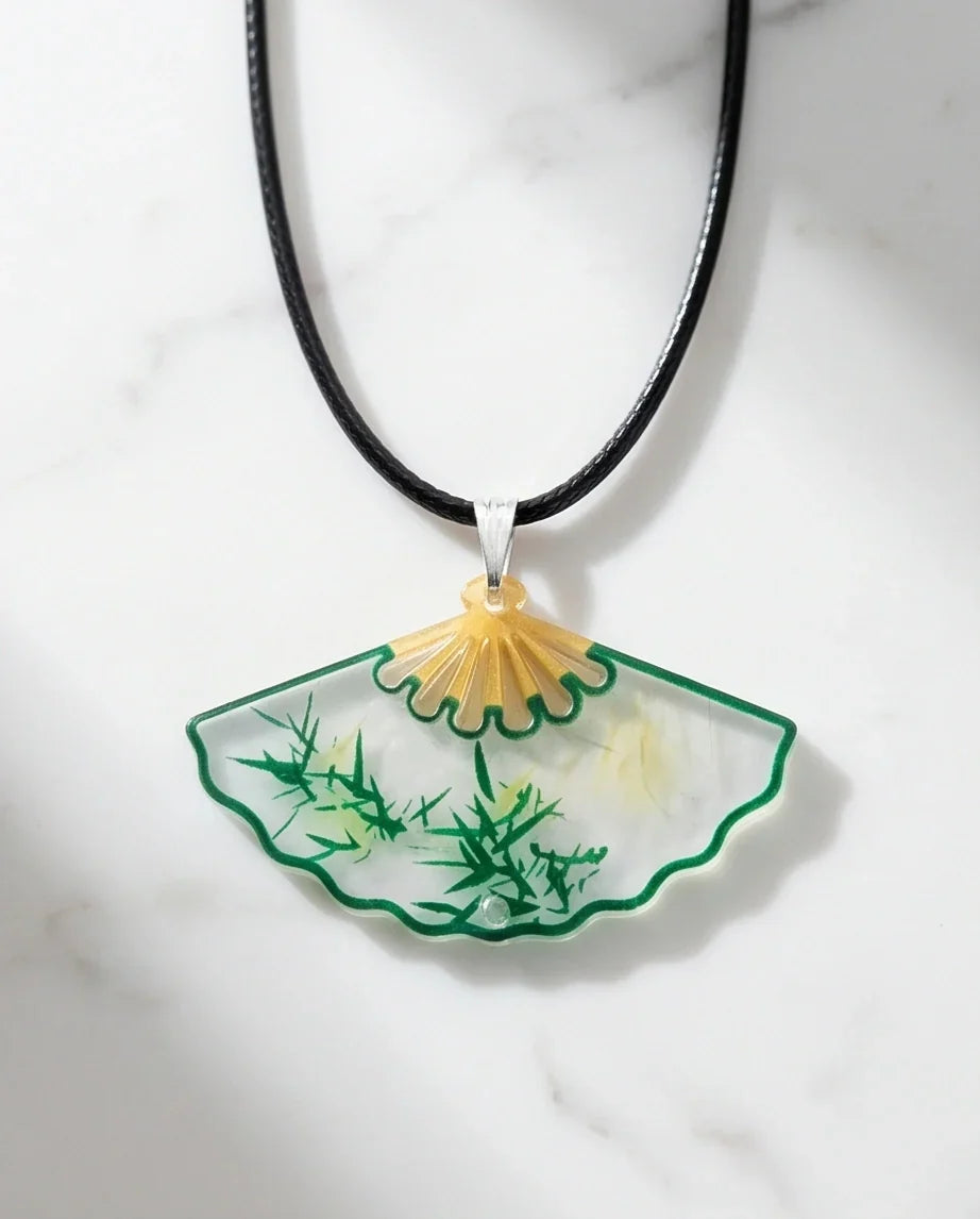 Artistic Green Bamboo Fan Pendant Necklace