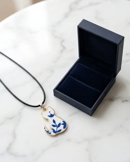 Artistic Blue Porcelain Feline Silhouette Pendant Necklace