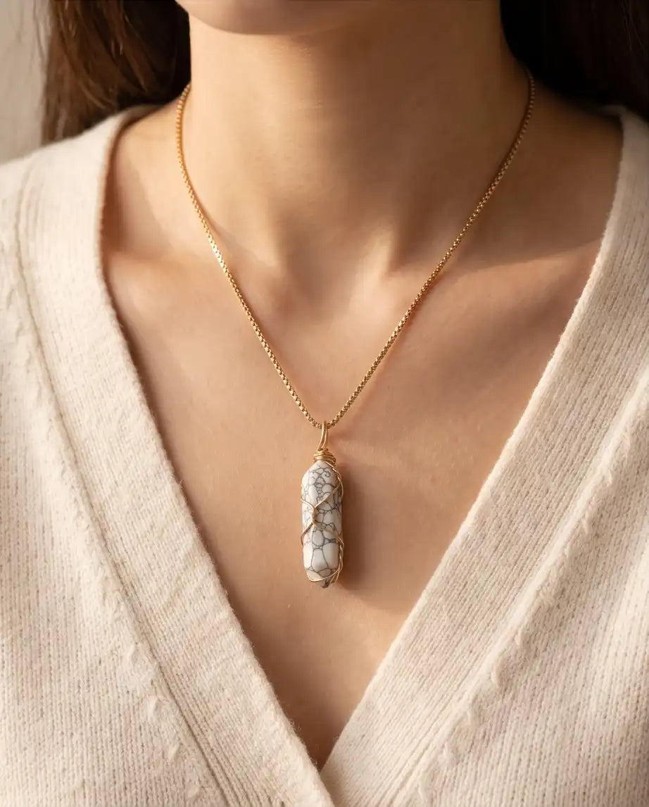 Wire-Wrapped White Howlite Crystal Point Pendant Box Chain
