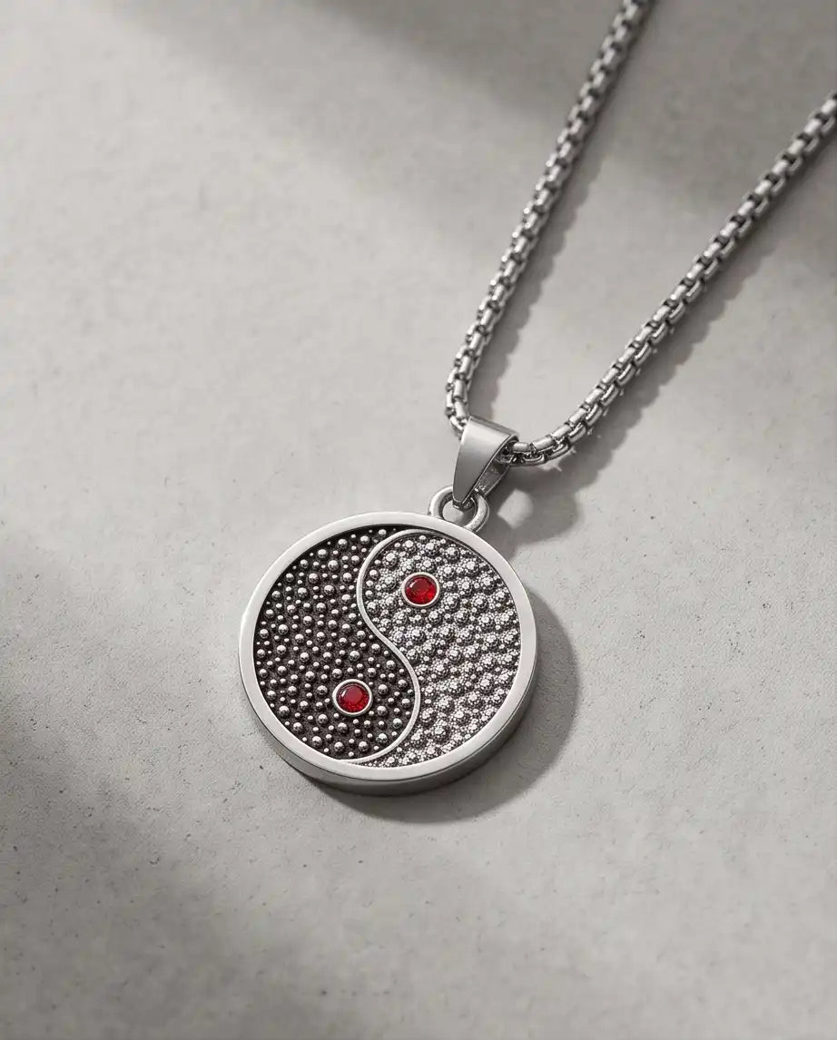 Red Gemstone Stippled Yin Yang Medallion Silver Box Chain Necklace