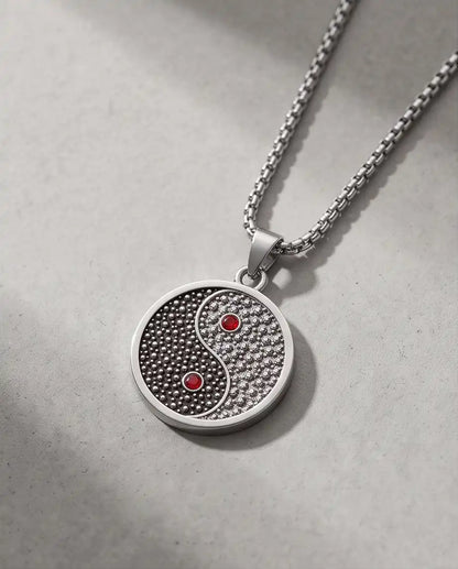 Red Gemstone Stippled Yin Yang Medallion Silver Box Chain Necklace