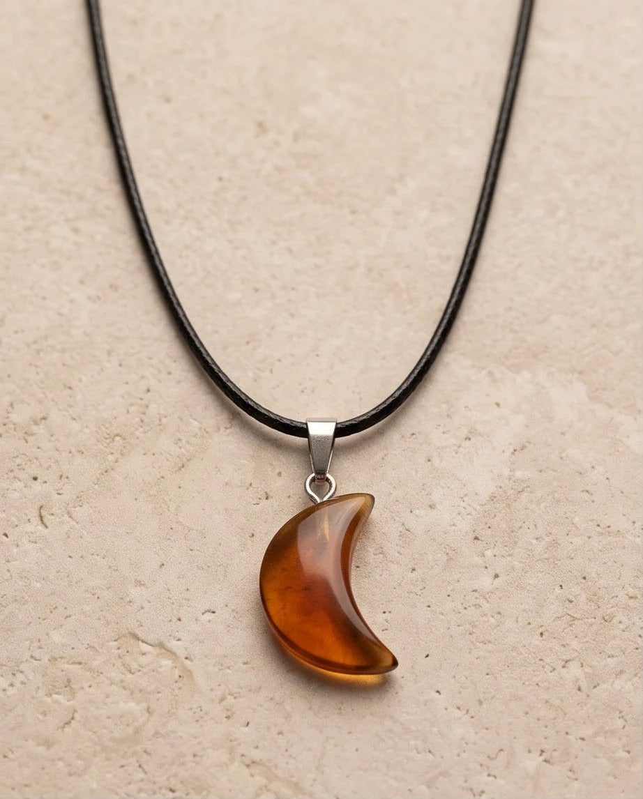 Silver Amber Resin Crescent Moon Pendant Necklace