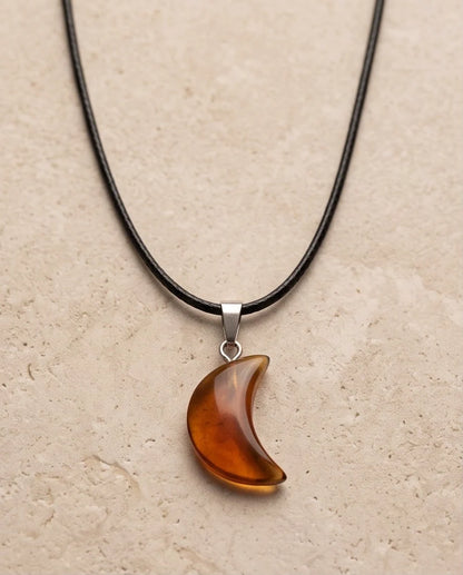 Silver Amber Resin Crescent Moon Pendant Necklace