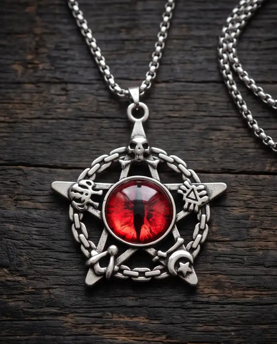 Red Dragon Eye Pentagram Occult Pendant Box Chain