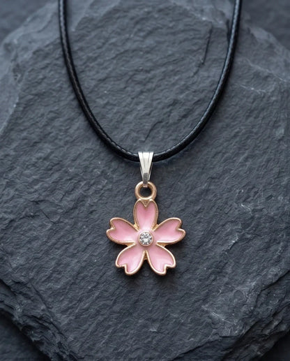 Pink Cherry Blossom Enamel Pendant Necklace with Crystal Accent