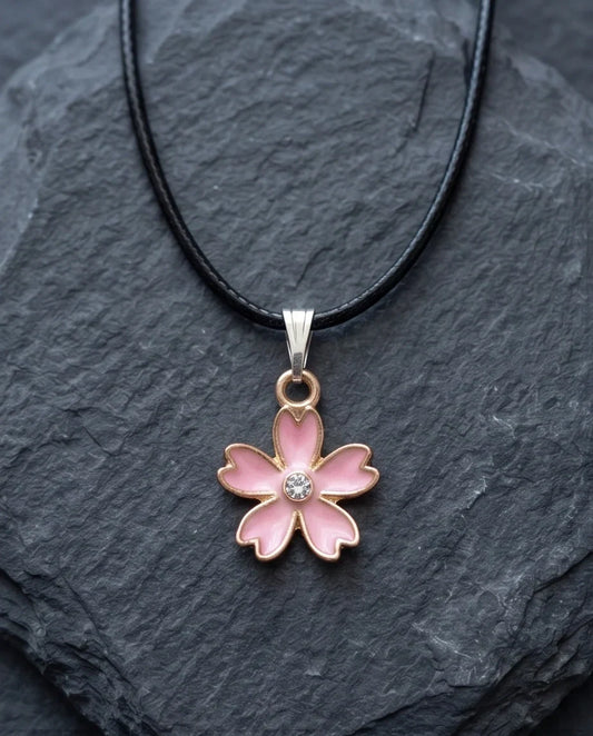 Pink Cherry Blossom Enamel Pendant Necklace with Crystal Accent