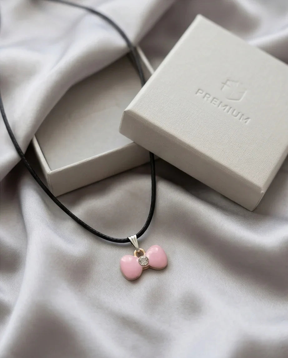 Charming Pink Bowknot Enamel Pendant Necklace with Crystal Center