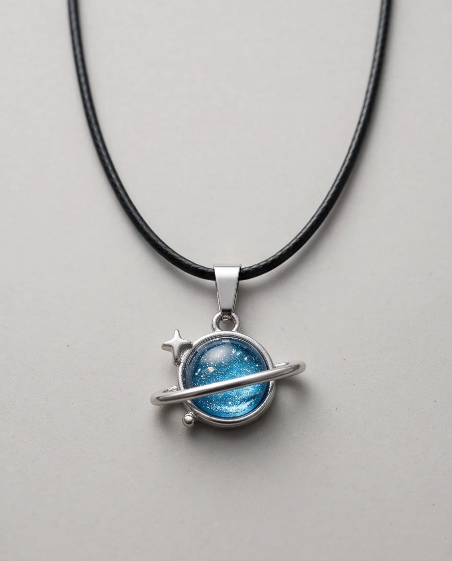 Silver Cosmic Saturn Galaxy Ring Pendant Necklace