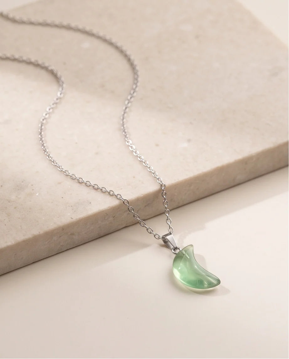 Silver Fluorite Light Green Crescent Moon Pendant Necklace