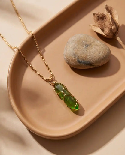 Wire-Wrapped Olive Green Crystal Point Pendant Box Chain