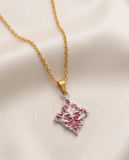 Silver Red Enamel Filigree Diamond Pendant Necklace