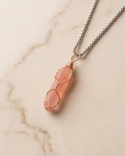 Wire-Wrapped Rose Quartz Crystal Point Pendant Box Chain