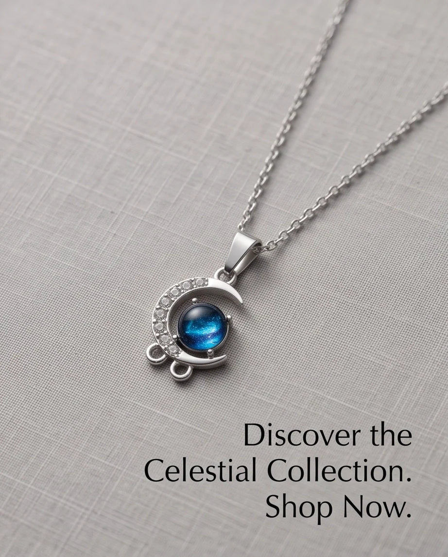 Silver Crystal Crescent Moon & Cosmic Blue Stone Pendant Necklace