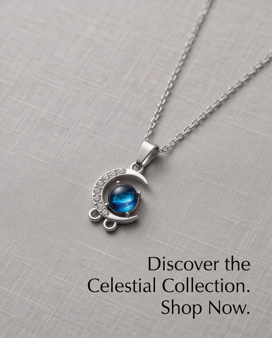 Silver Crystal Crescent Moon & Cosmic Blue Stone Pendant Necklace