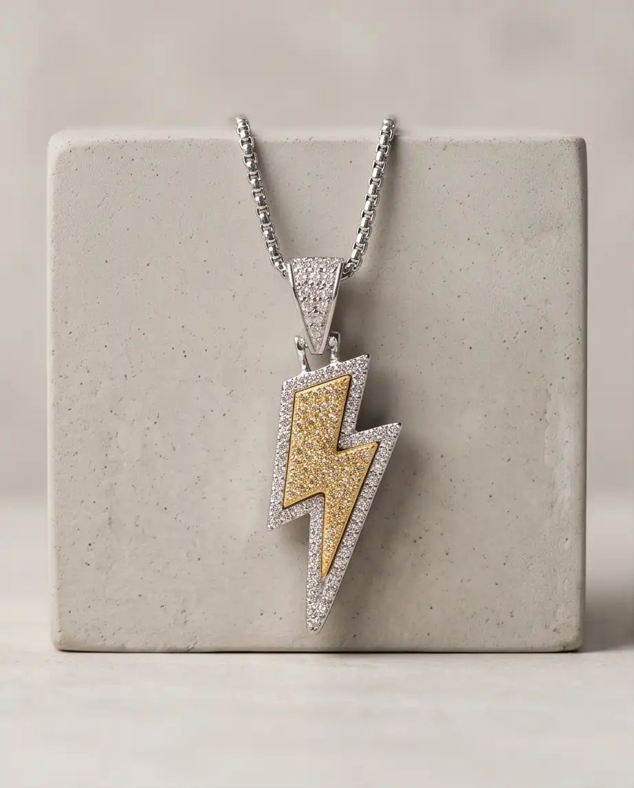 Iced Two-Tone Lightning Bolt Pendant Box Chain
