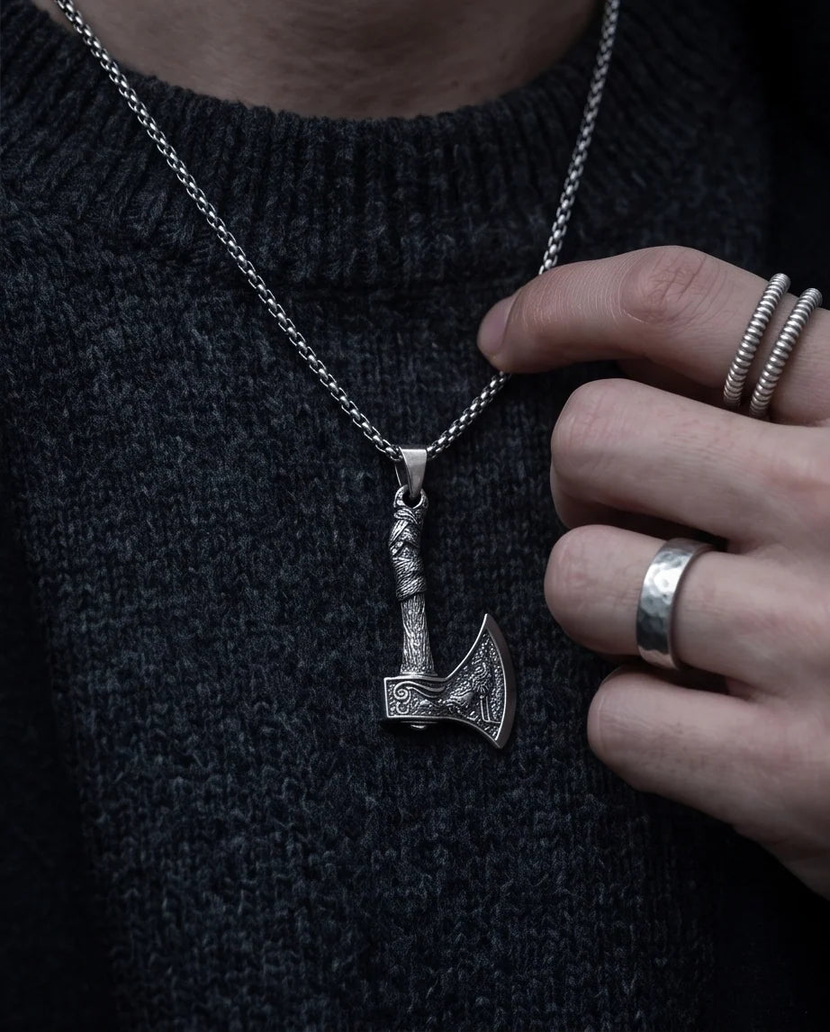 Silver Viking Axe Wolf Pendant Necklace