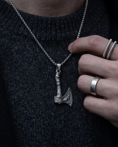 Silver Viking Axe Wolf Pendant Necklace