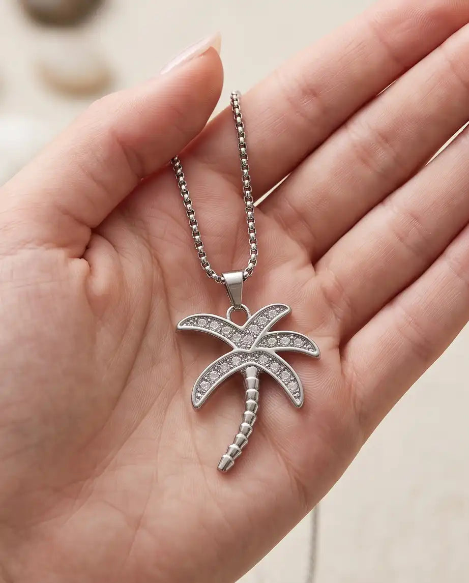 Iced Palm Tree Pendant Silver Box Chain Necklace