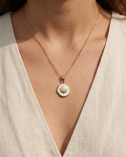 Gold White Enamel Seashell Medallion Pendant Necklace