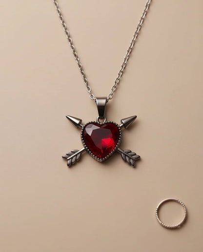 Silver Crossed Arrows Red Heart Gem Pendant Necklace