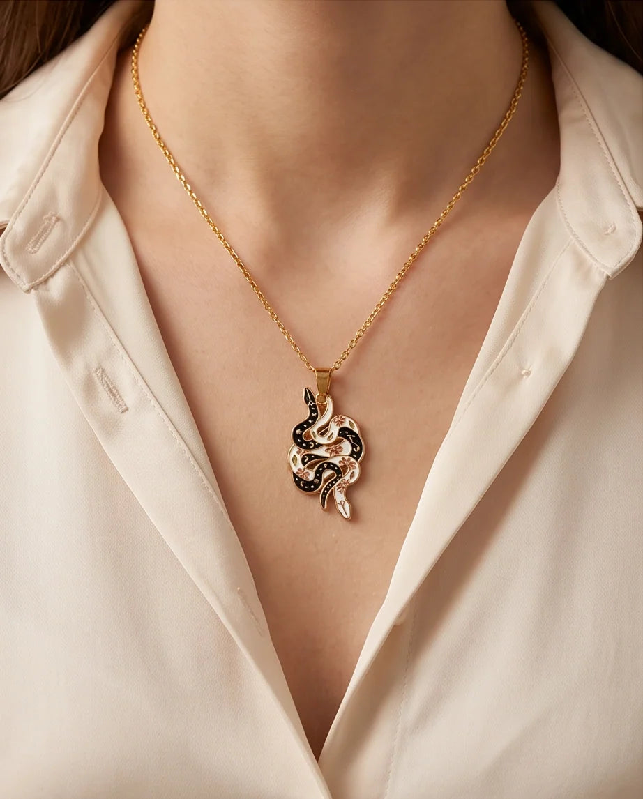 Gold Floral Serpent Enamel Pendant Necklace