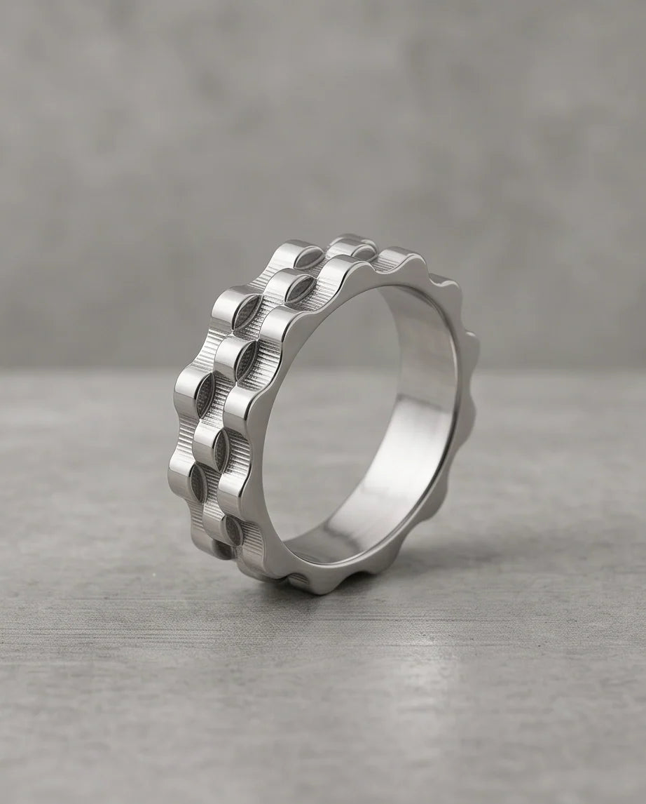 Industrial Cogwheel Scalloped Silver Band