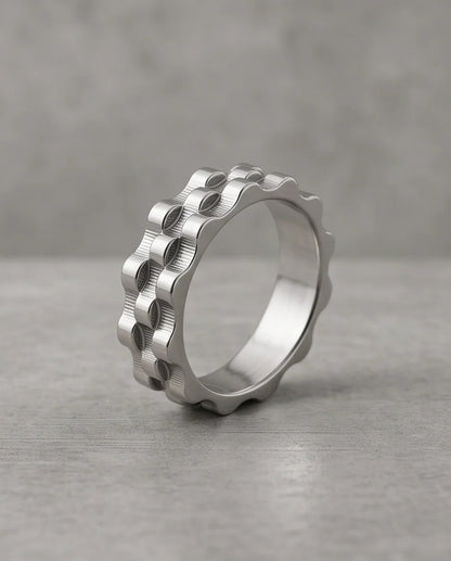 Industrial Cogwheel Scalloped Silver Band