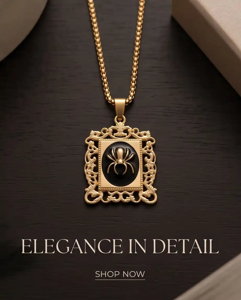 Ornate Golden Spider Filigree Cameo Pendant Box Chain