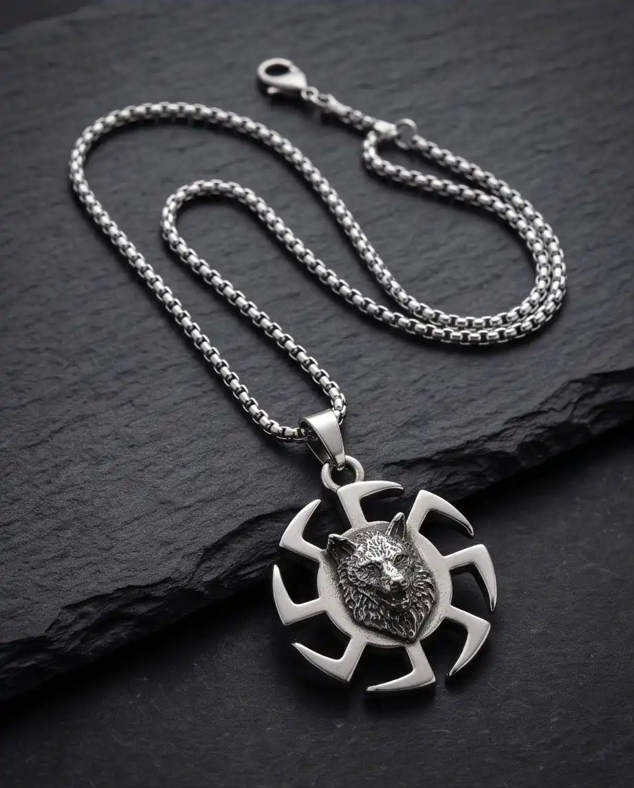 Black Sun Wolf Medallion Pendant Box Chain