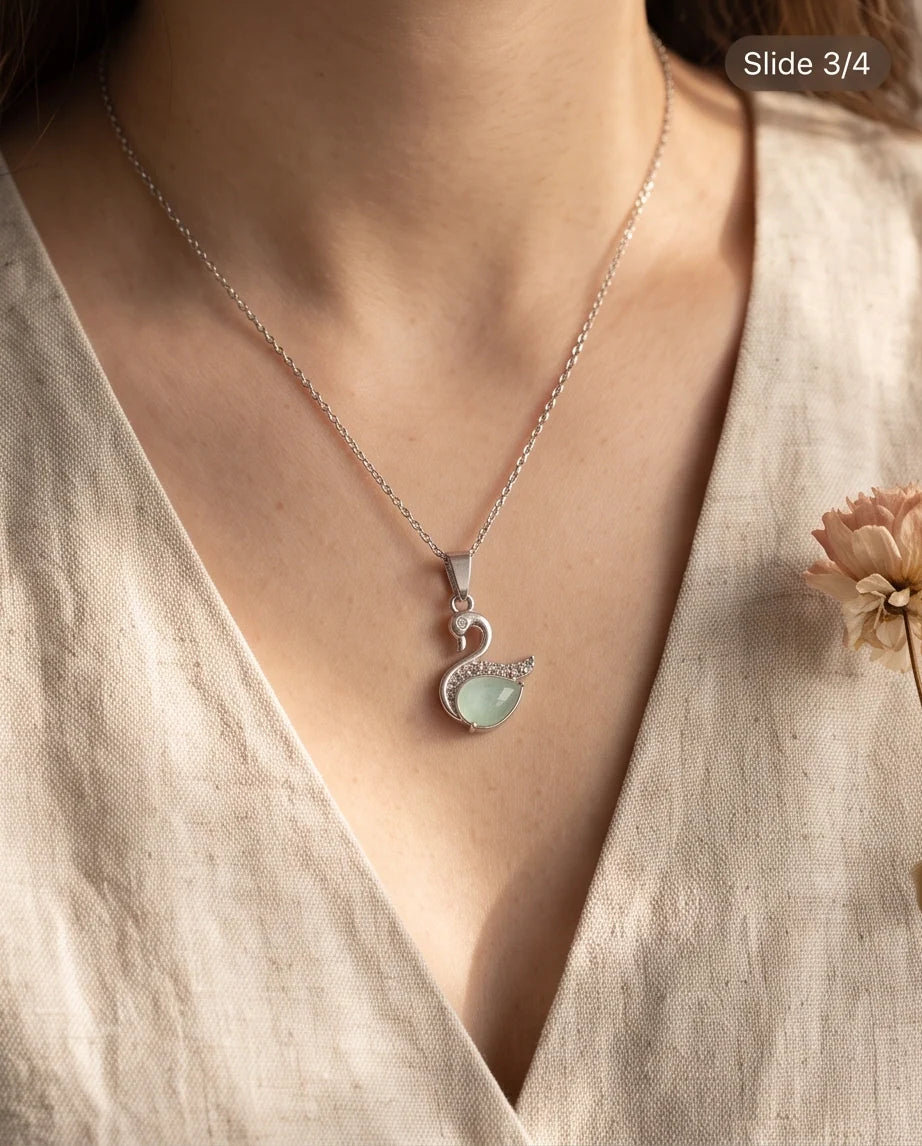 Silver Mint Green Swan Pendant Necklace