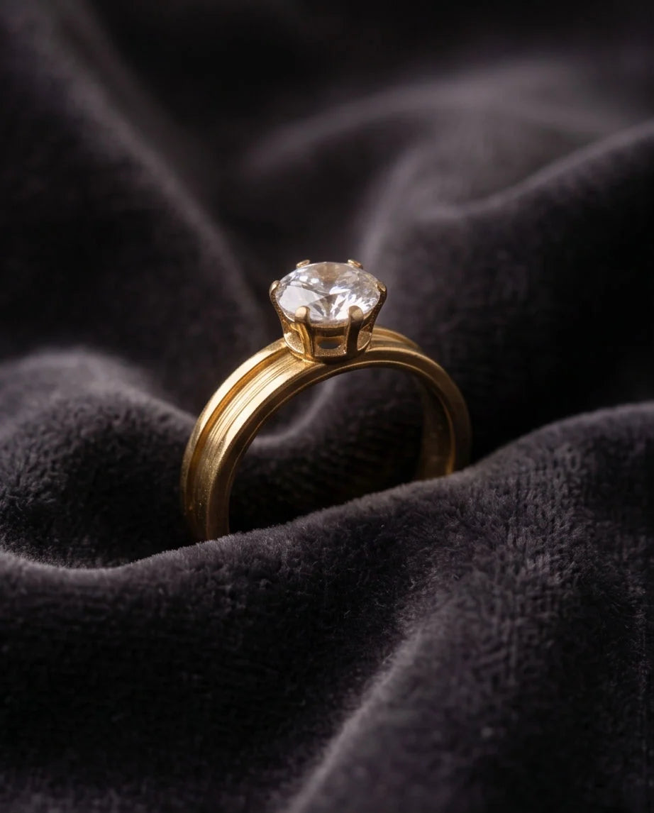 Gold Round Gemstone Grooved Solitaire Ring